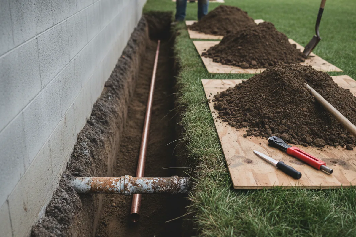 Excavated water line trench during Sewer Line Repair in Bangor